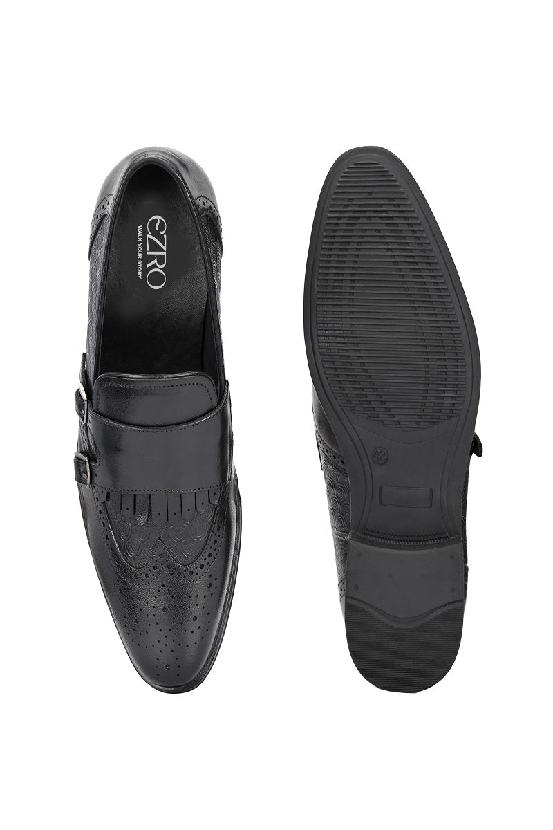 EZRO Men Black Double Monk Strap Brogue Dress Shoes with Kiltie Fringe