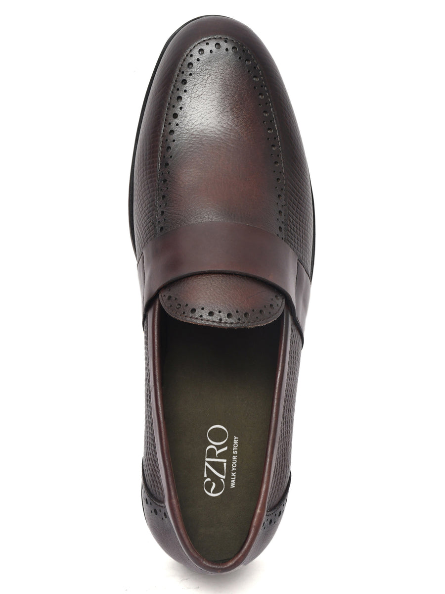 EZRO Men's Brown Slip-On Formal Loafers – Textured Office & Dress Shoes