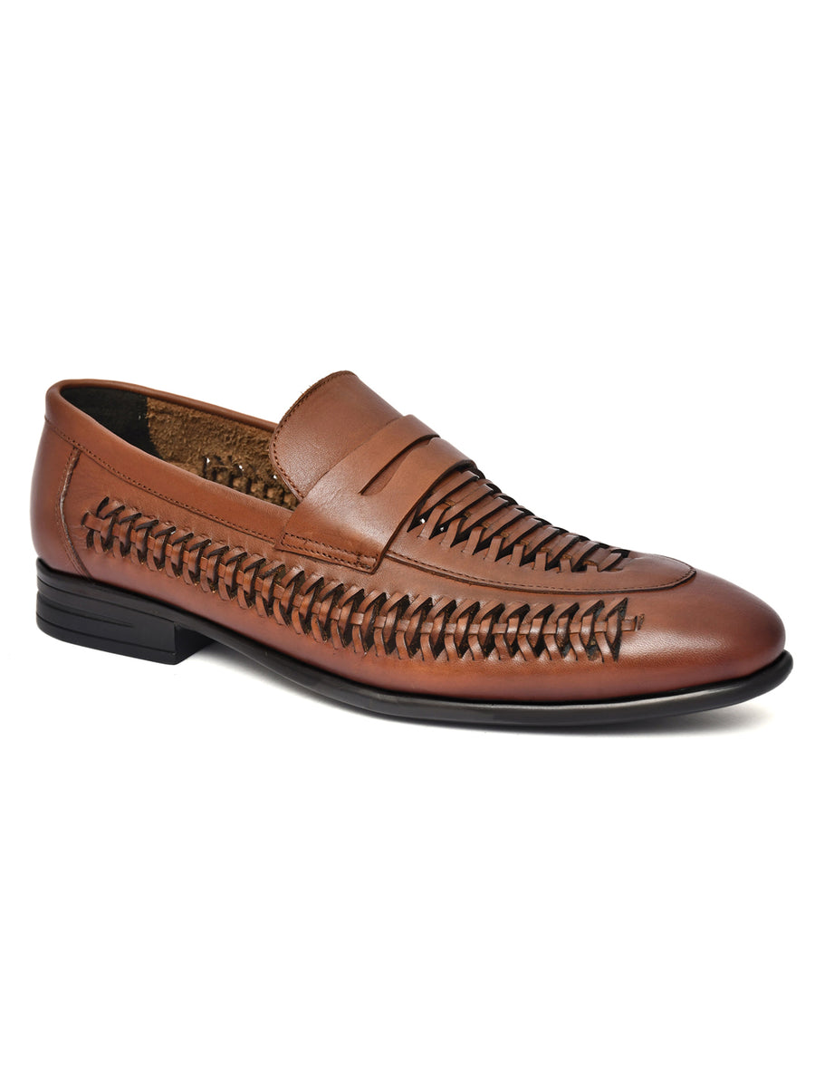 EZRO Men Premium Handwoven Tan Leather Penny Loafers | Classic Slip-On Formal Shoes
