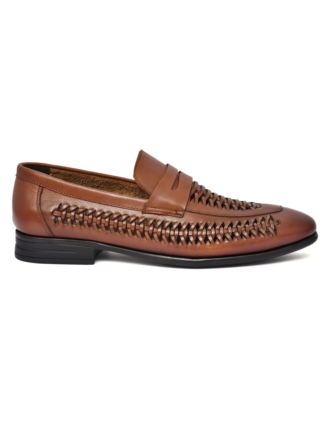 EZRO Men Premium Handwoven Tan Leather Penny Loafers | Classic Slip-On Formal Shoes