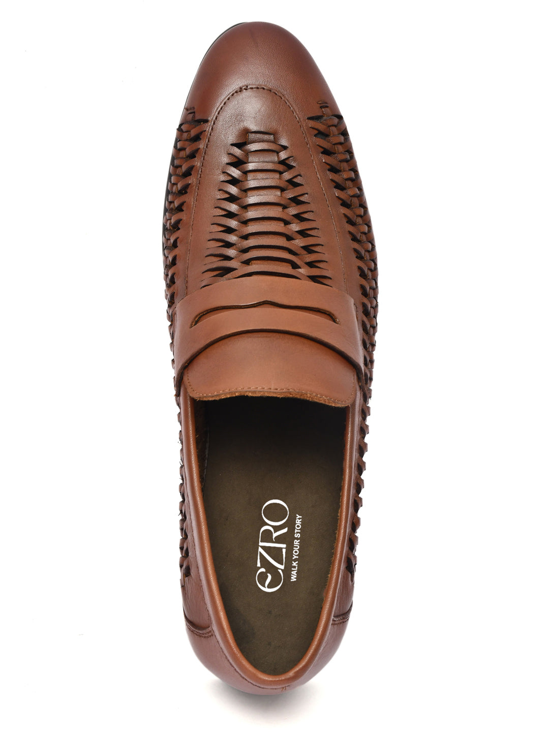 EZRO Men Premium Handwoven Tan Leather Penny Loafers | Classic Slip-On Formal Shoes