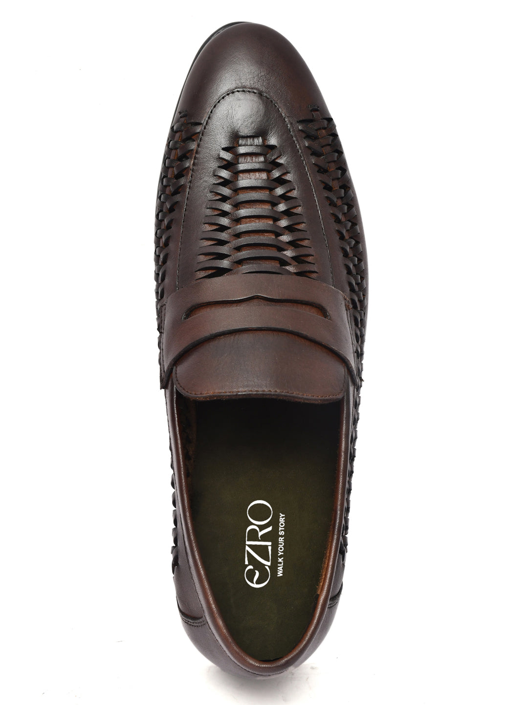 EZRO Men Premium Handwoven Brown Leather Penny Loafers | Classic Slip-On Formal Shoes