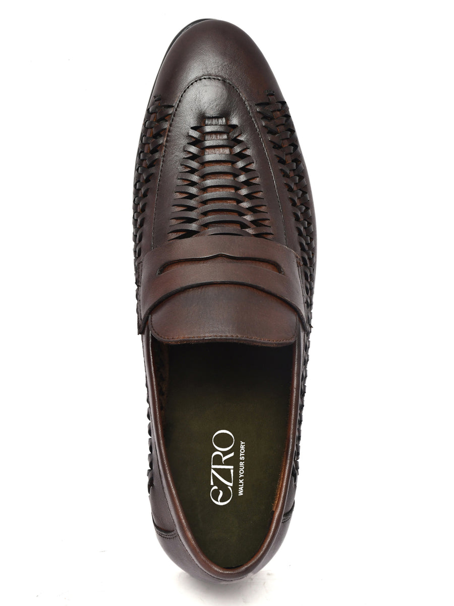 EZRO Men Premium Handwoven Brown Leather Penny Loafers | Classic Slip-On Formal Shoes