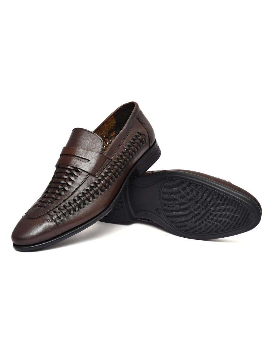 EZRO Men Premium Handwoven Brown Leather Penny Loafers | Classic Slip-On Formal Shoes