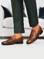 EZRO Men Premium Handwoven Tan Leather Penny Loafers | Classic Slip-On Formal Shoes