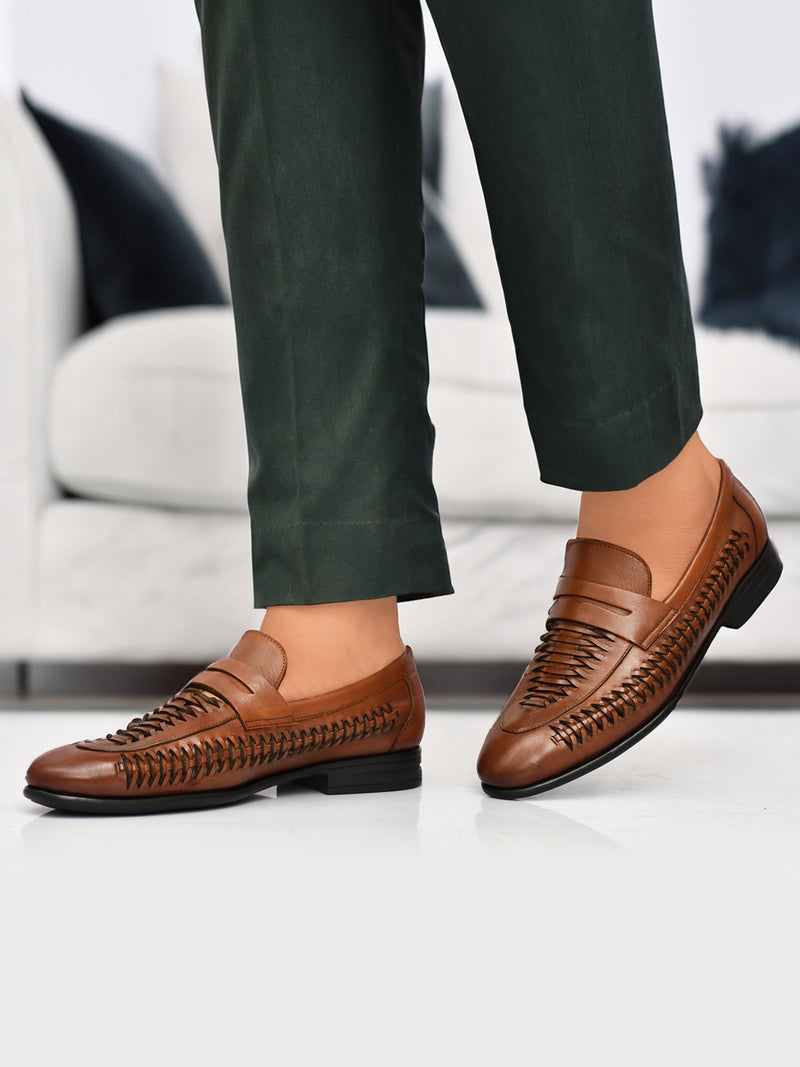 EZRO Men Premium Handwoven Tan Leather Penny Loafers | Classic Slip-On Formal Shoes