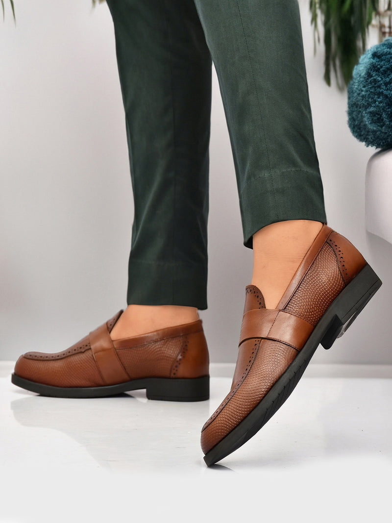 EZRO Men Tan Slip-On Formal Loafers – Textured Office & Dress Shoes