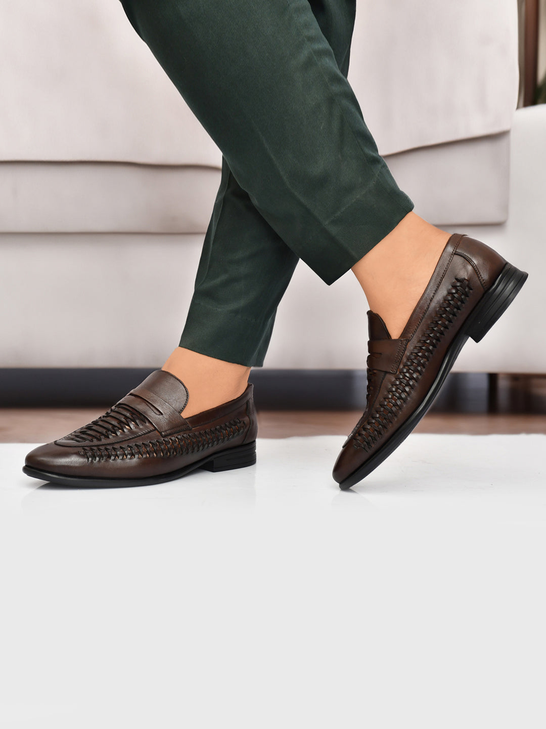 EZRO Men Premium Handwoven Brown Leather Penny Loafers | Classic Slip-On Formal Shoes
