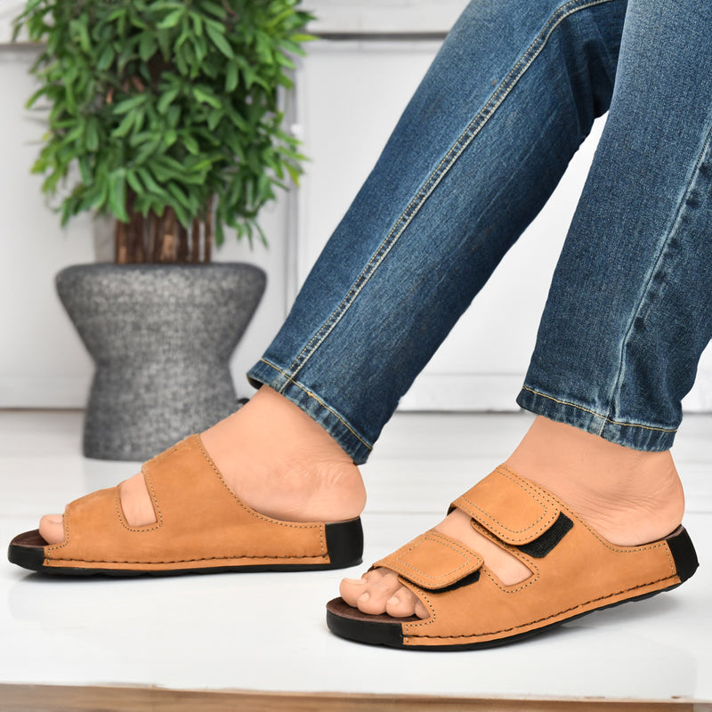 EZRO Men Tan Adjustable Comfort Slippers | Premium Dual Strap Casual Slide Slippers for Indoor & Outdoor Wear