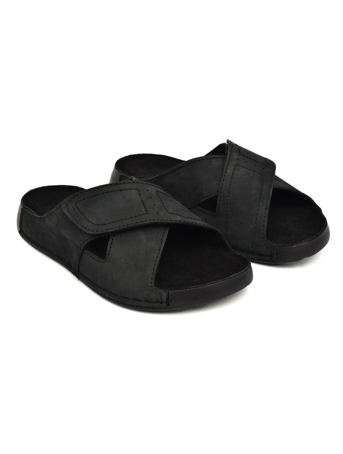 EZRO Men Black Adjustable Comfort Slippers | Lightweight Casual Slide Sandals for Everyday Wear