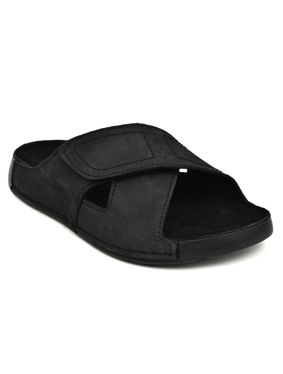 EZRO Men Black Adjustable Comfort Slippers | Lightweight Casual Slide Sandals for Everyday Wear