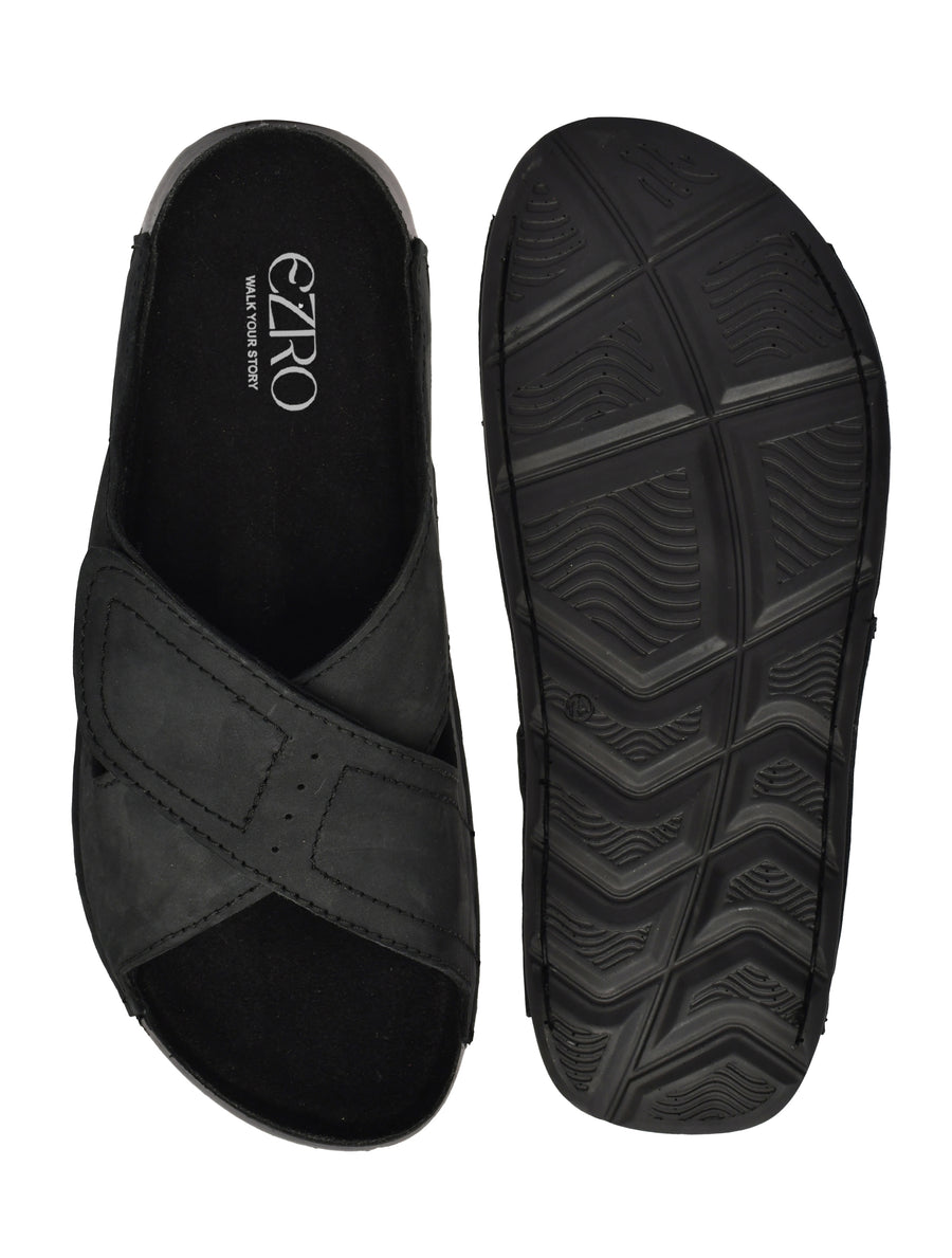 EZRO Men Black Adjustable Comfort Slippers | Lightweight Casual Slide Sandals for Everyday Wear