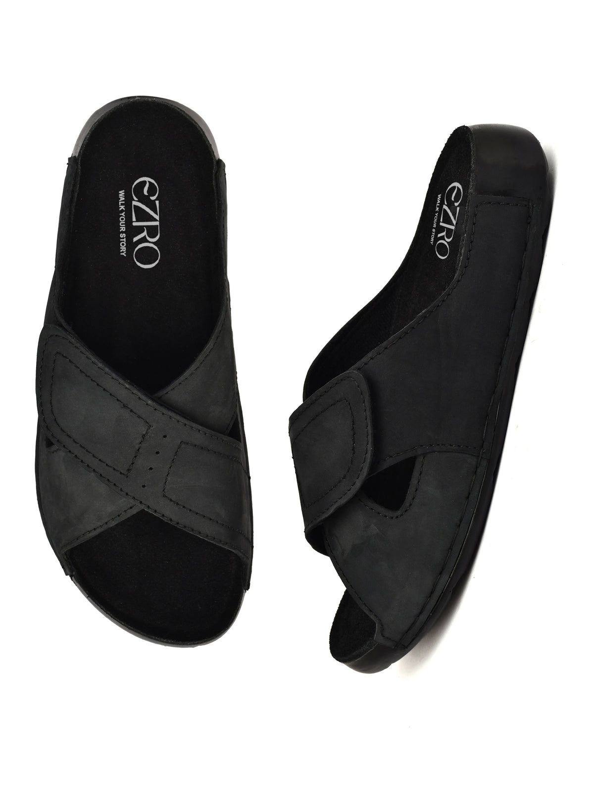 EZRO Men Black Adjustable Comfort Slippers | Lightweight Casual Slide Sandals for Everyday Wear