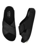 EZRO Men Black Adjustable Comfort Slippers | Lightweight Casual Slide Sandals for Everyday Wear