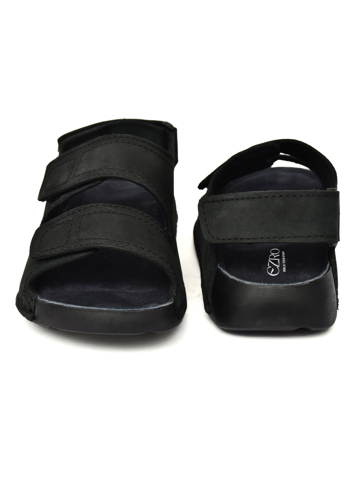 EZRO Men Black Adjustable Comfort Sandals | Lightweight Hook & Loop Casual Outdoor Walking Sandals