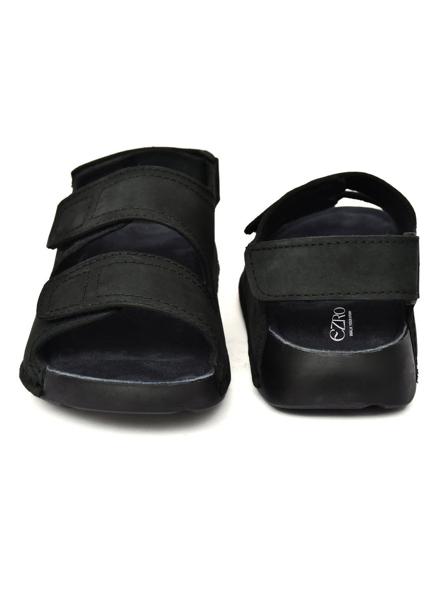 EZRO Men's Black Adjustable Comfort Sandals | Lightweight Hook & Loop Casual Outdoor Walking Sandals