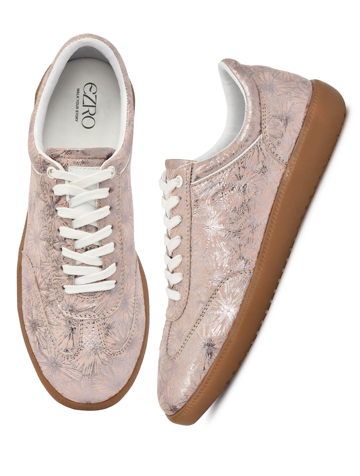 EZRO Women Floral Blush Pink Printed Lace-Up Sneakers