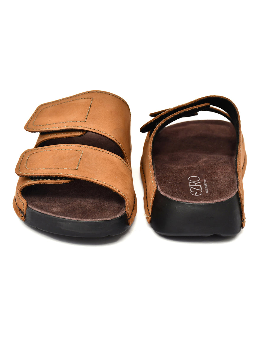 EZRO Men Tan Adjustable Comfort Slippers | Premium Dual Strap Casual Slide Slippers for Indoor & Outdoor Wear