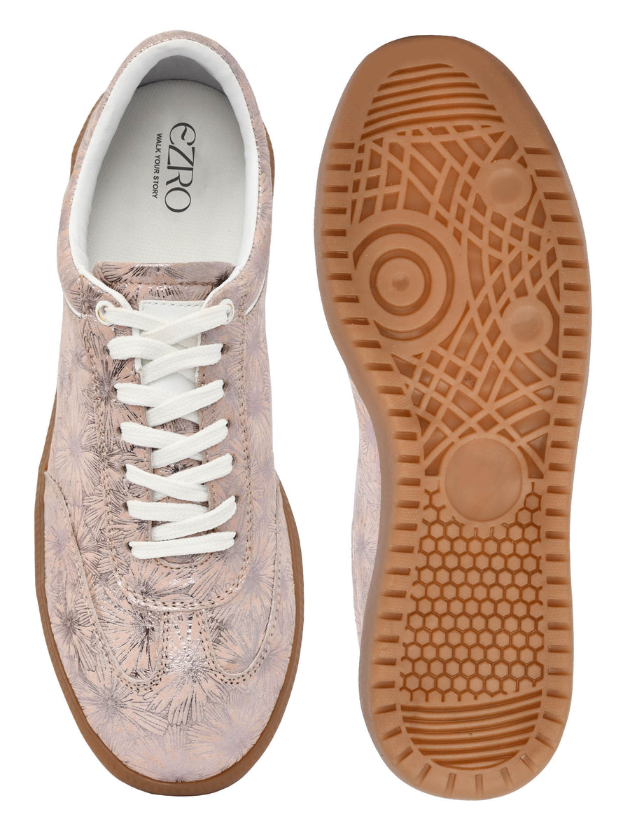 EZRO Women Floral Blush Pink Printed Lace-Up Sneakers