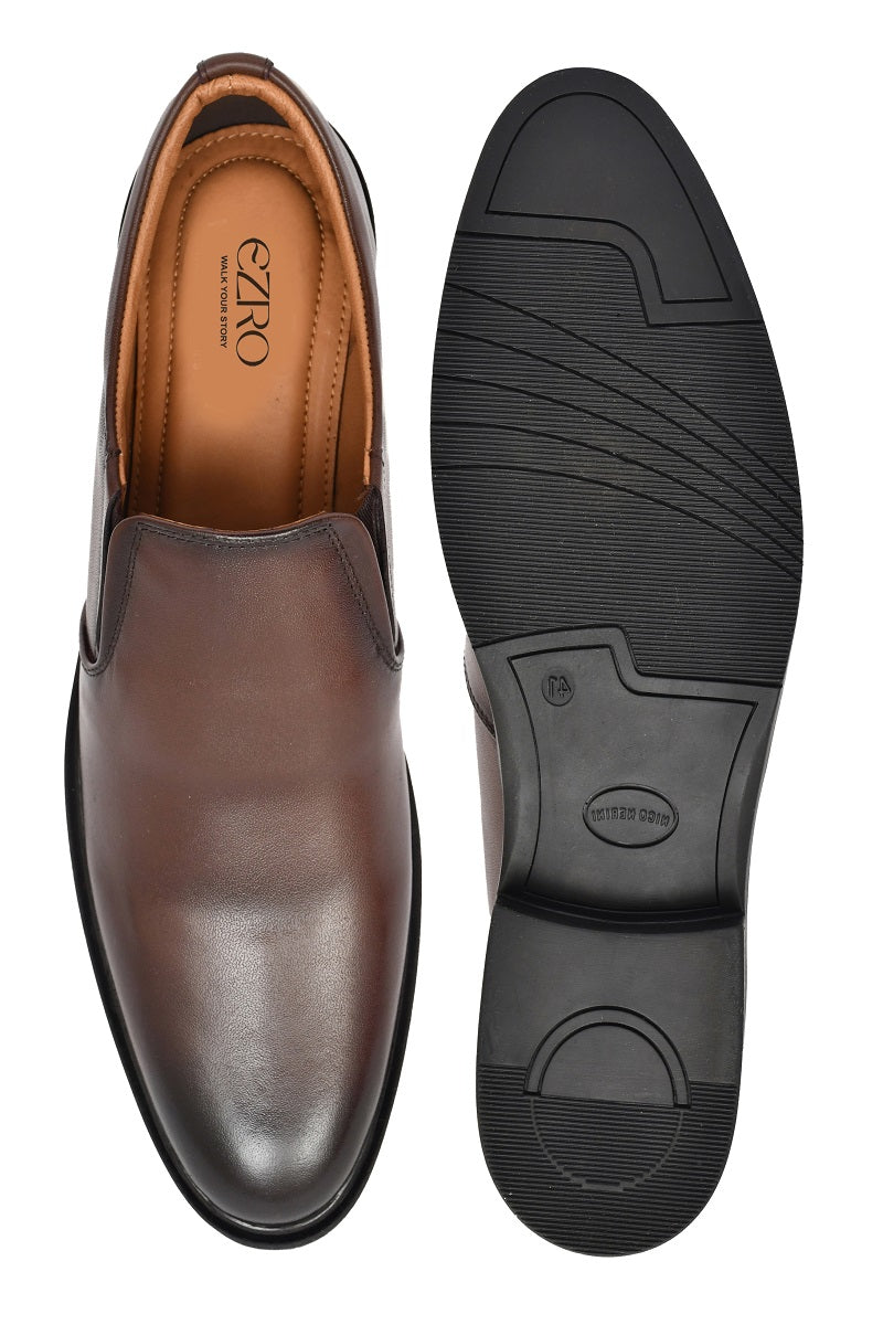 EZRO Men Classic Brown Leather Slip-On Formal Shoes