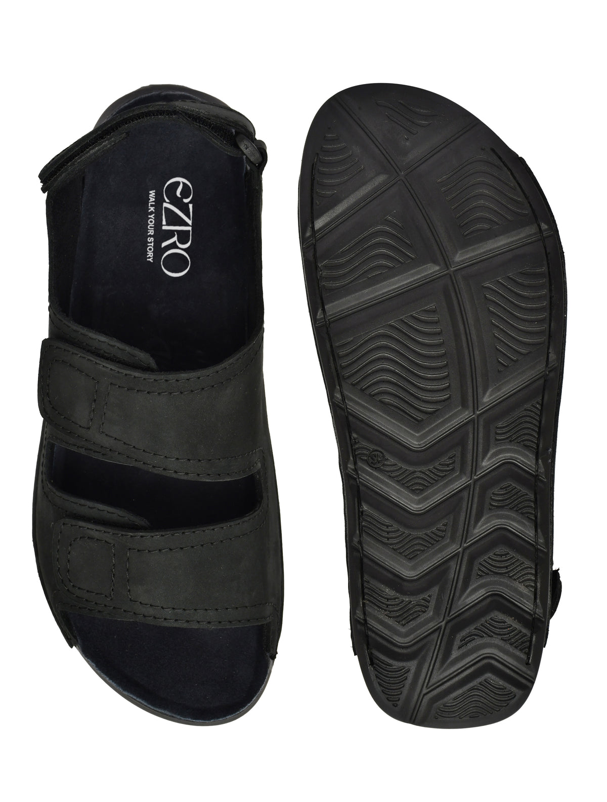 EZRO Men Black Adjustable Comfort Sandals | Lightweight Hook & Loop Casual Outdoor Walking Sandals