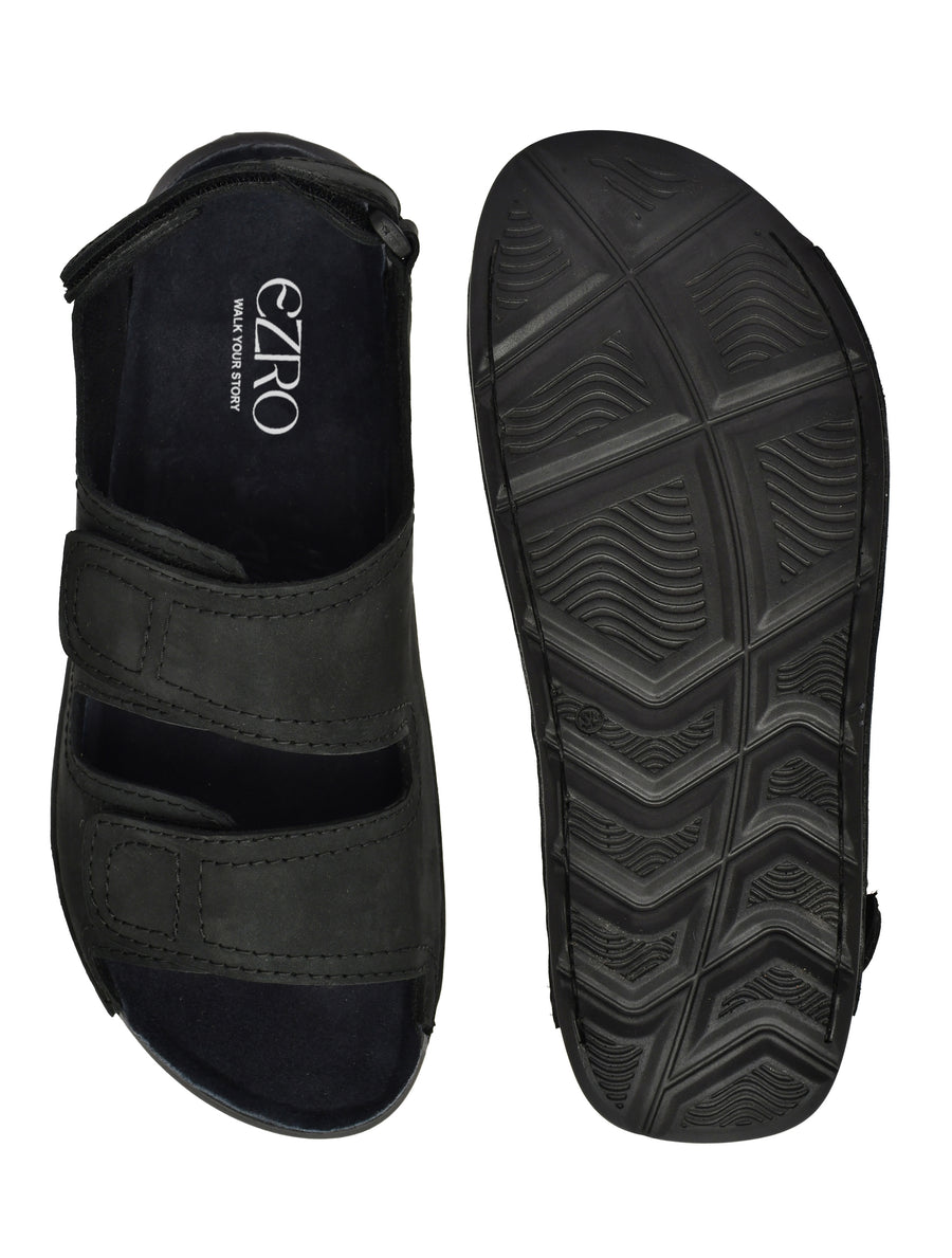 EZRO Men's Black Adjustable Comfort Sandals | Lightweight Hook & Loop Casual Outdoor Walking Sandals