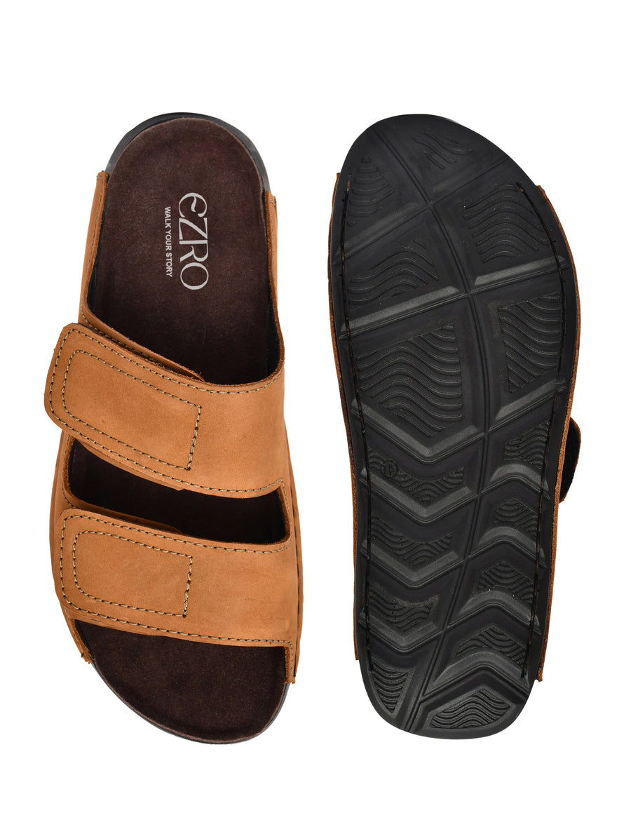 EZRO Men Tan Adjustable Comfort Slippers | Premium Dual Strap Casual Slide Slippers for Indoor & Outdoor Wear