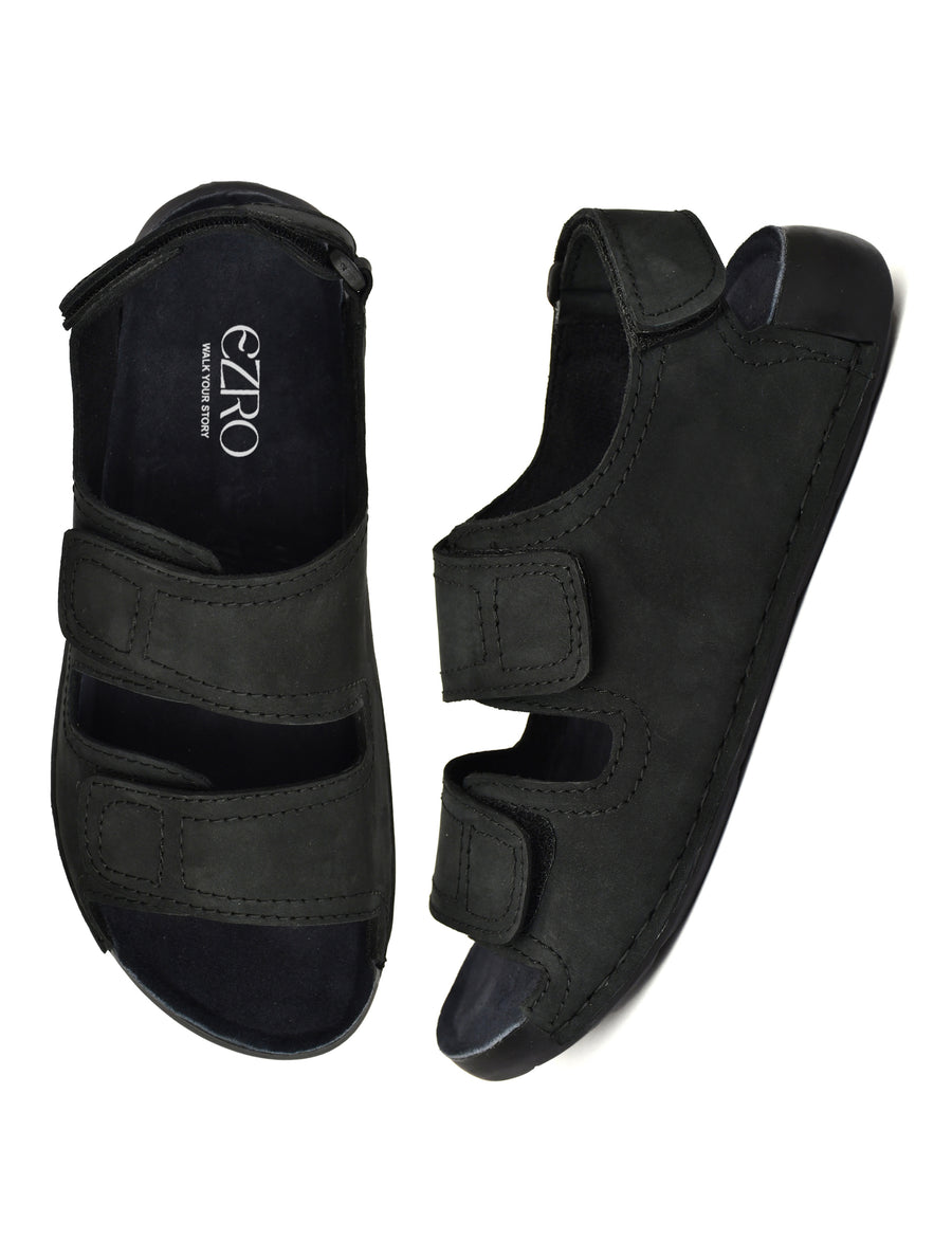 EZRO Men's Black Adjustable Comfort Sandals | Lightweight Hook & Loop Casual Outdoor Walking Sandals