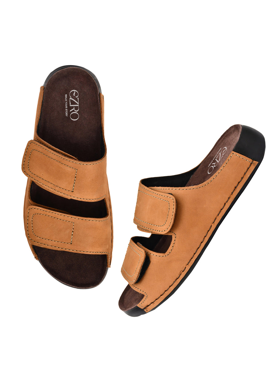 EZRO Men Tan Adjustable Comfort Slippers | Premium Dual Strap Casual Slide Slippers for Indoor & Outdoor Wear
