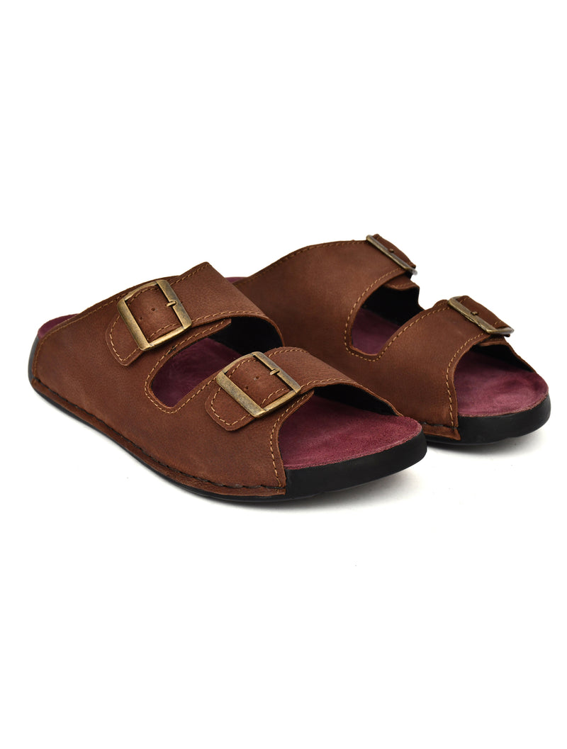 EZRO Men Brown Adjustable Double Buckle Comfort Slippers | Casual Open-Toe Slip-On Sandals