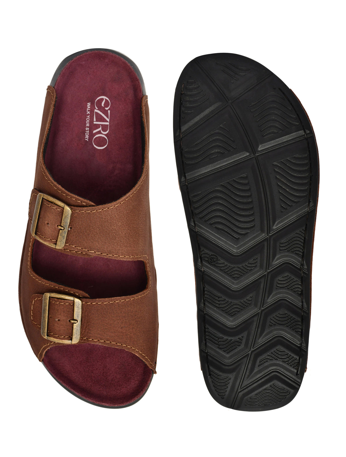 EZRO Men Brown Adjustable Double Buckle Comfort Slippers | Casual Open-Toe Slip-On Sandals