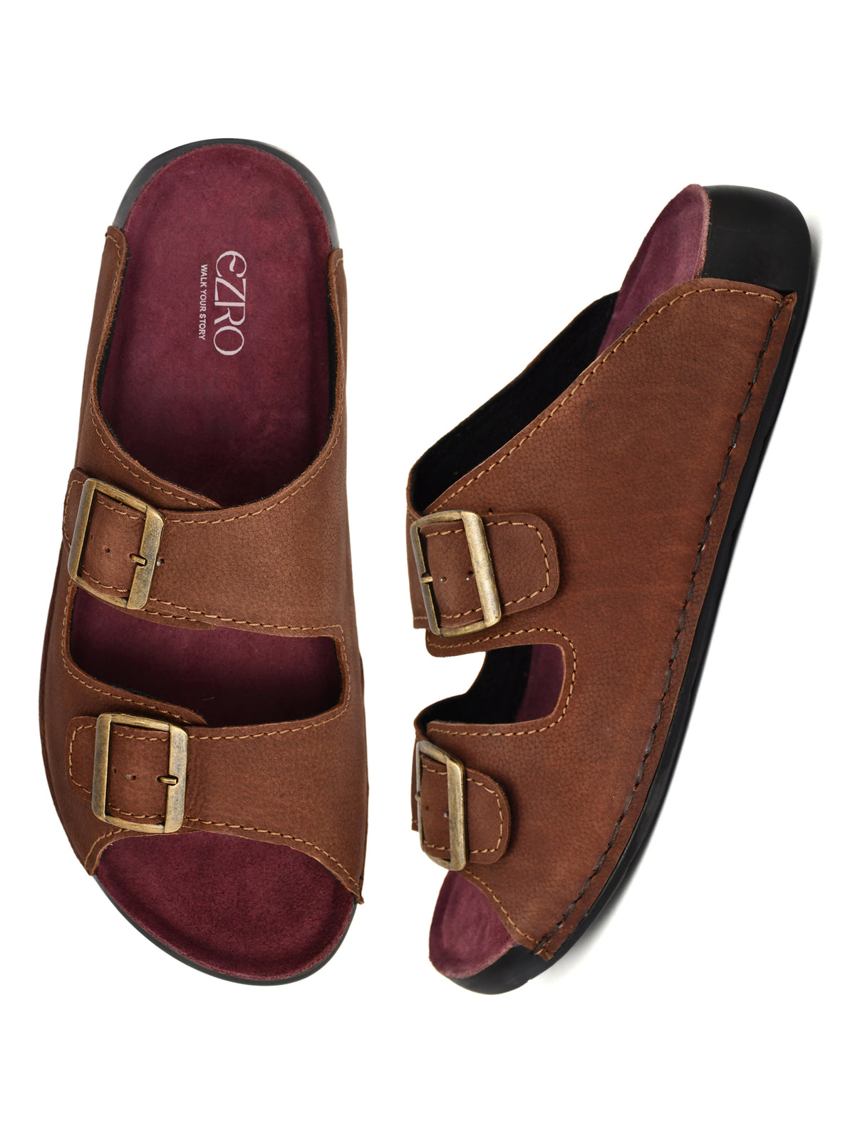 EZRO Men Brown Adjustable Double Buckle Comfort Slippers | Casual Open-Toe Slip-On Sandals
