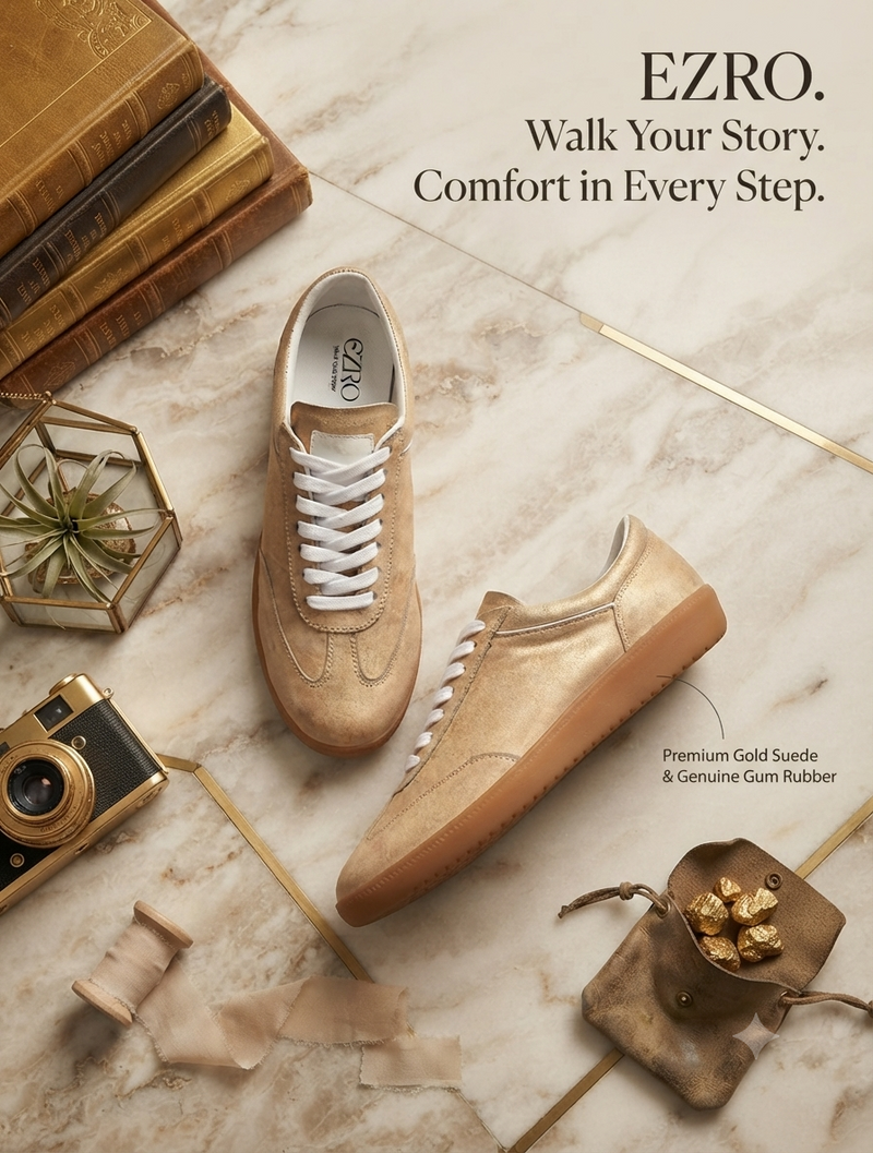EZRO Women Golden Casual Lace-Up Sneakers – Stylish Everyday Low-Top Shoes