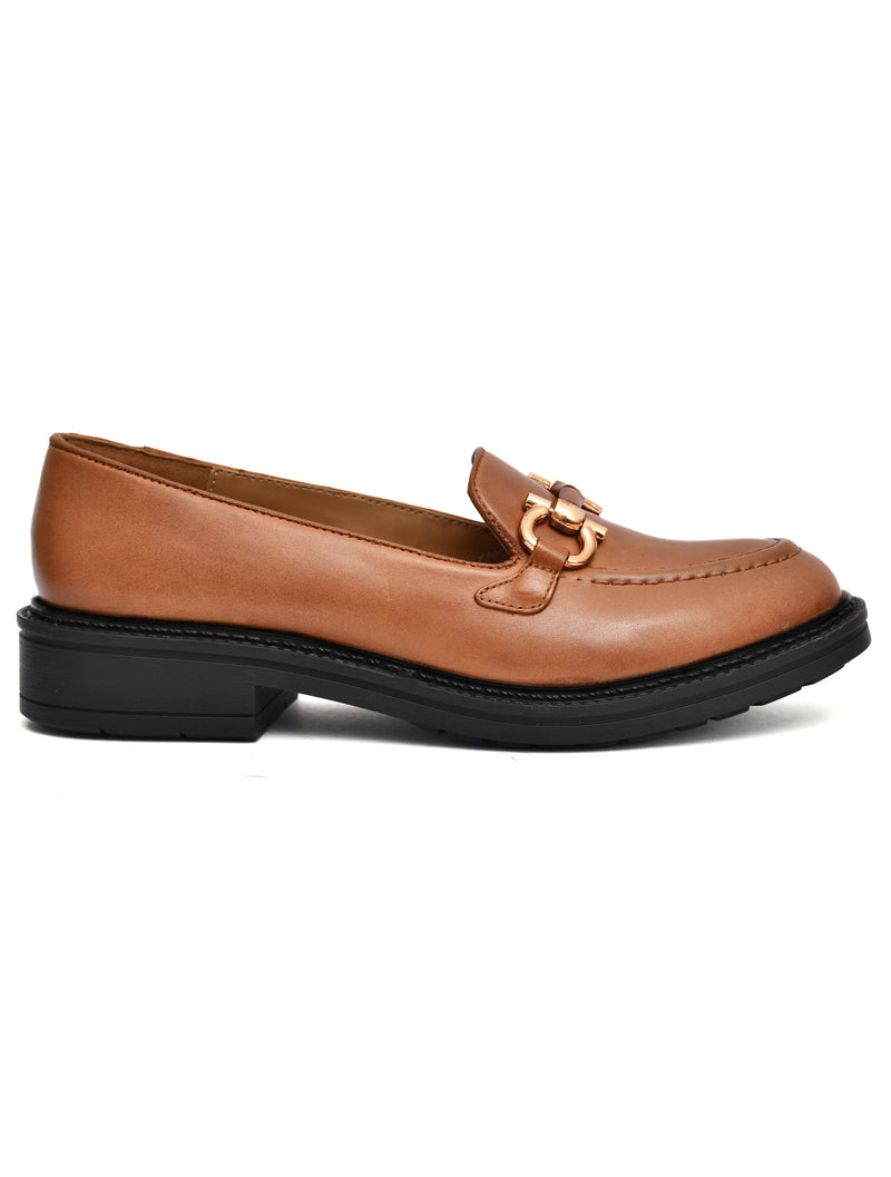EZRO Women’s Brown Loafers with Gold Buckle – Stylish Slip-On Casual Shoes