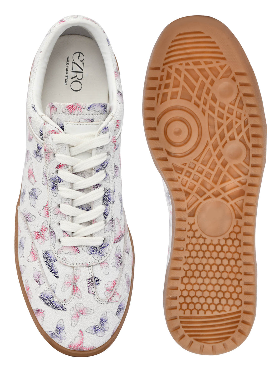EZRO Women Butterfly Print White Lace-Up Sneakers