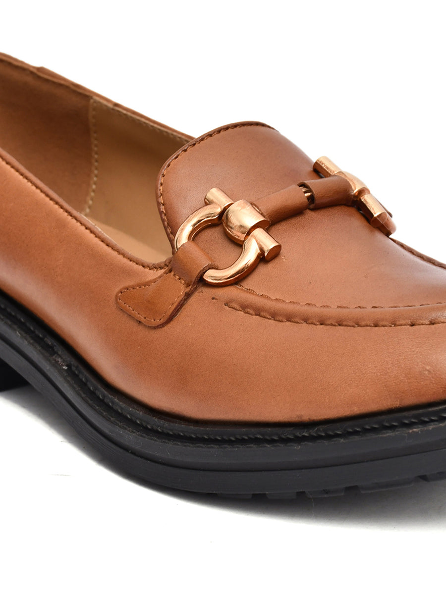 EZRO Women’s Brown Loafers with Gold Buckle – Stylish Slip-On Casual Shoes