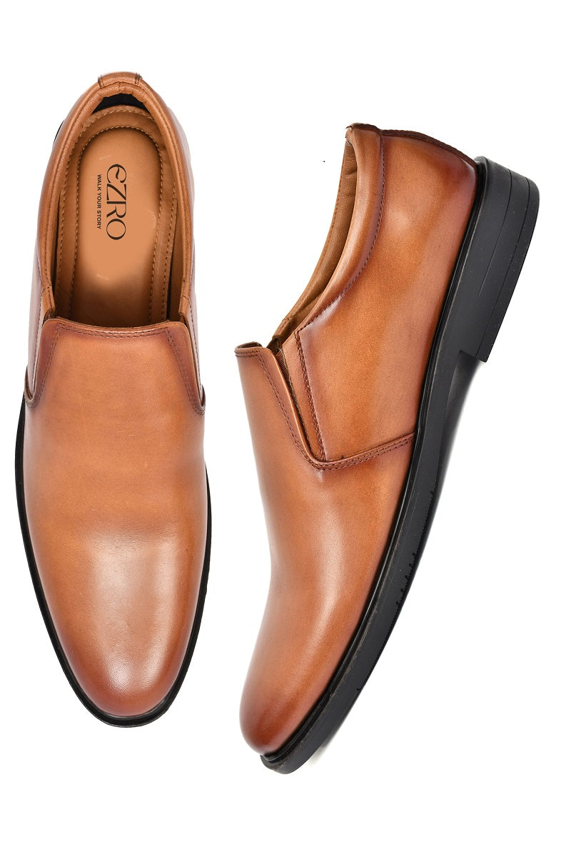 EZRO Men Classic Tan Leather Slip-On Formal Shoes
