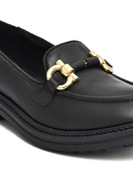 EZRO Women’s Black Loafers with Gold Buckle – Stylish Slip-On Casual Shoes