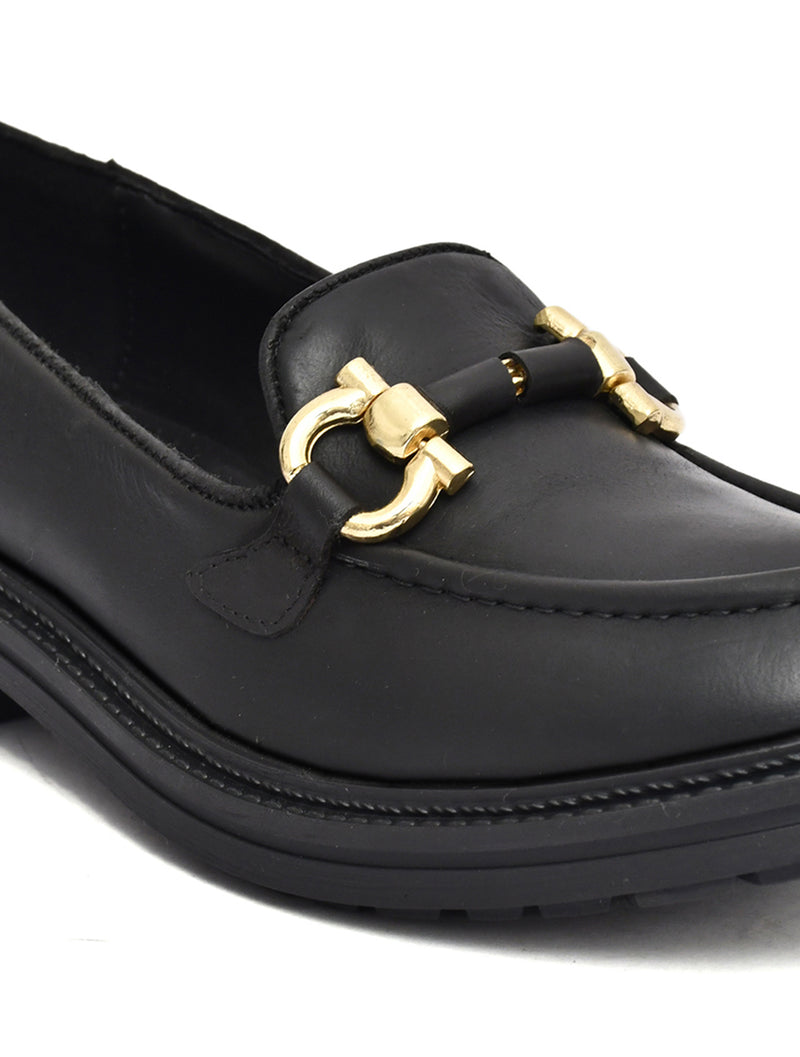 EZRO Women’s Black Loafers with Gold Buckle – Stylish Slip-On Casual Shoes
