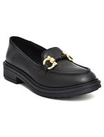 EZRO Women’s Black Loafers with Gold Buckle – Stylish Slip-On Casual Shoes