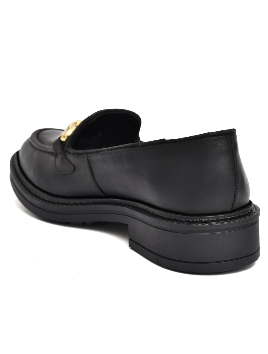EZRO Women’s Black Loafers with Gold Buckle – Stylish Slip-On Casual Shoes