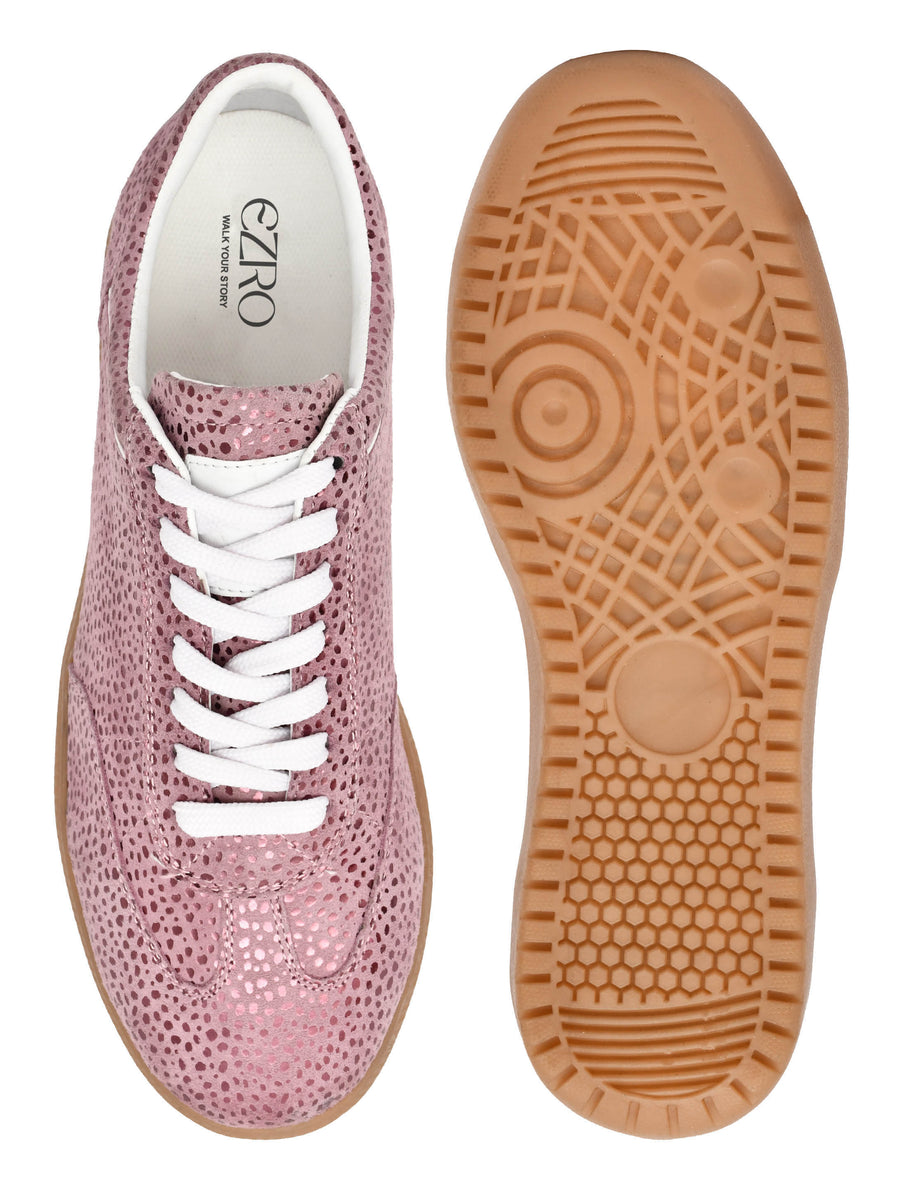 EZRO Women Rose Pink Printed Lace-Up Sneakers – Stylish Casual Low-Top Shoes