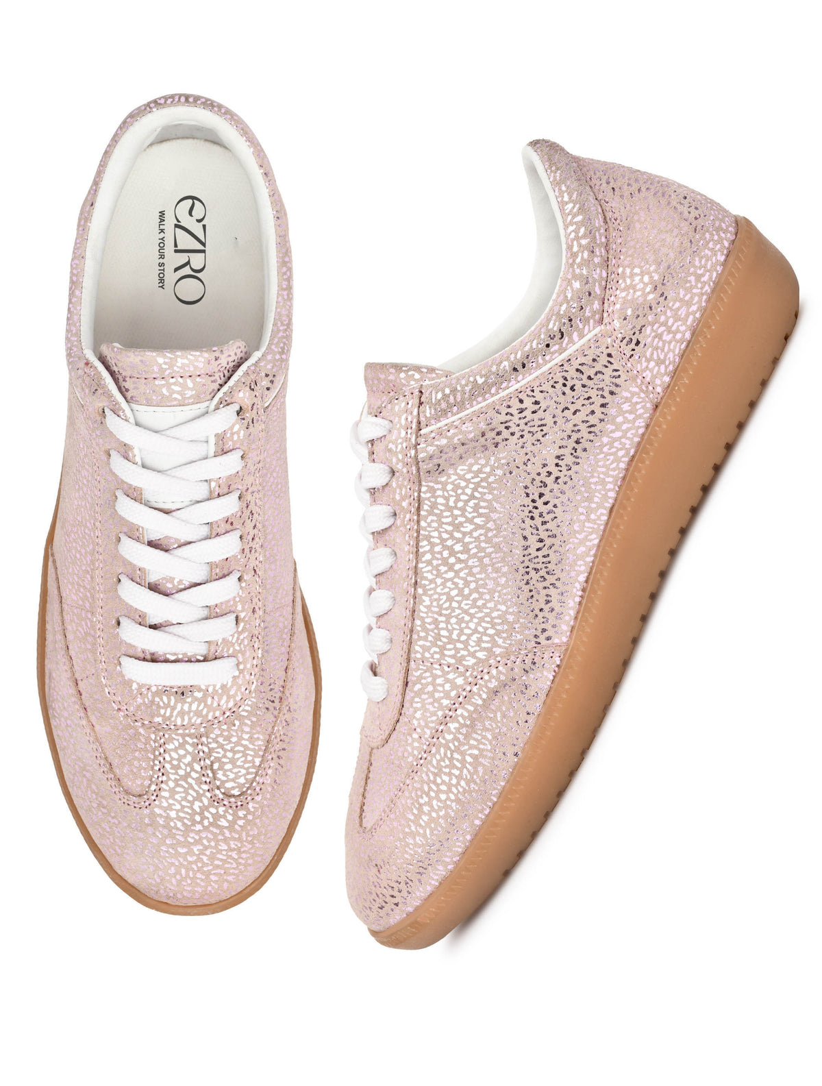 EZRO Women Champagne Pink Textured Lace-Up Sneakers