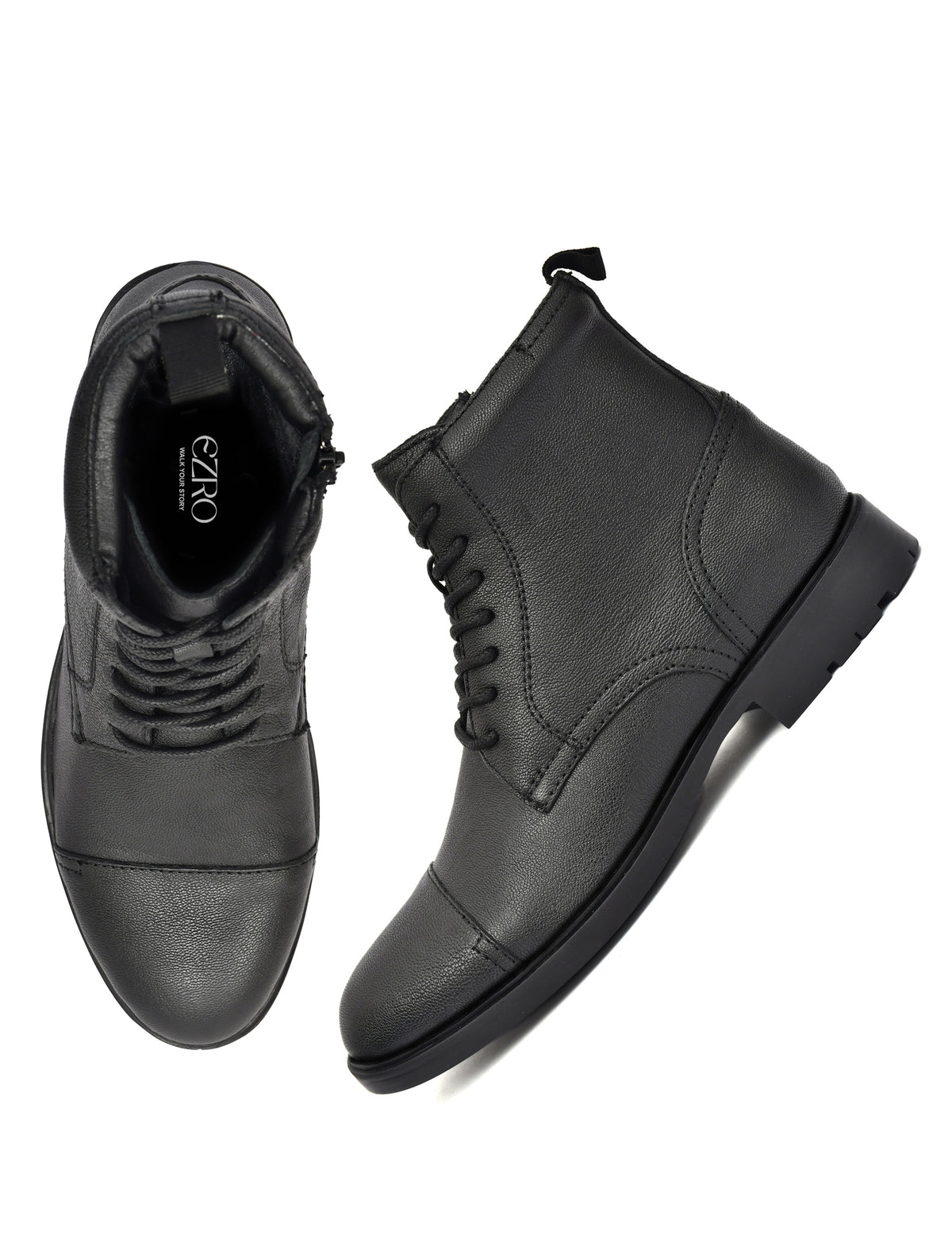 EZRO Men Black Ankle Boots | Stylish Lace-Up Boots with Side Zip