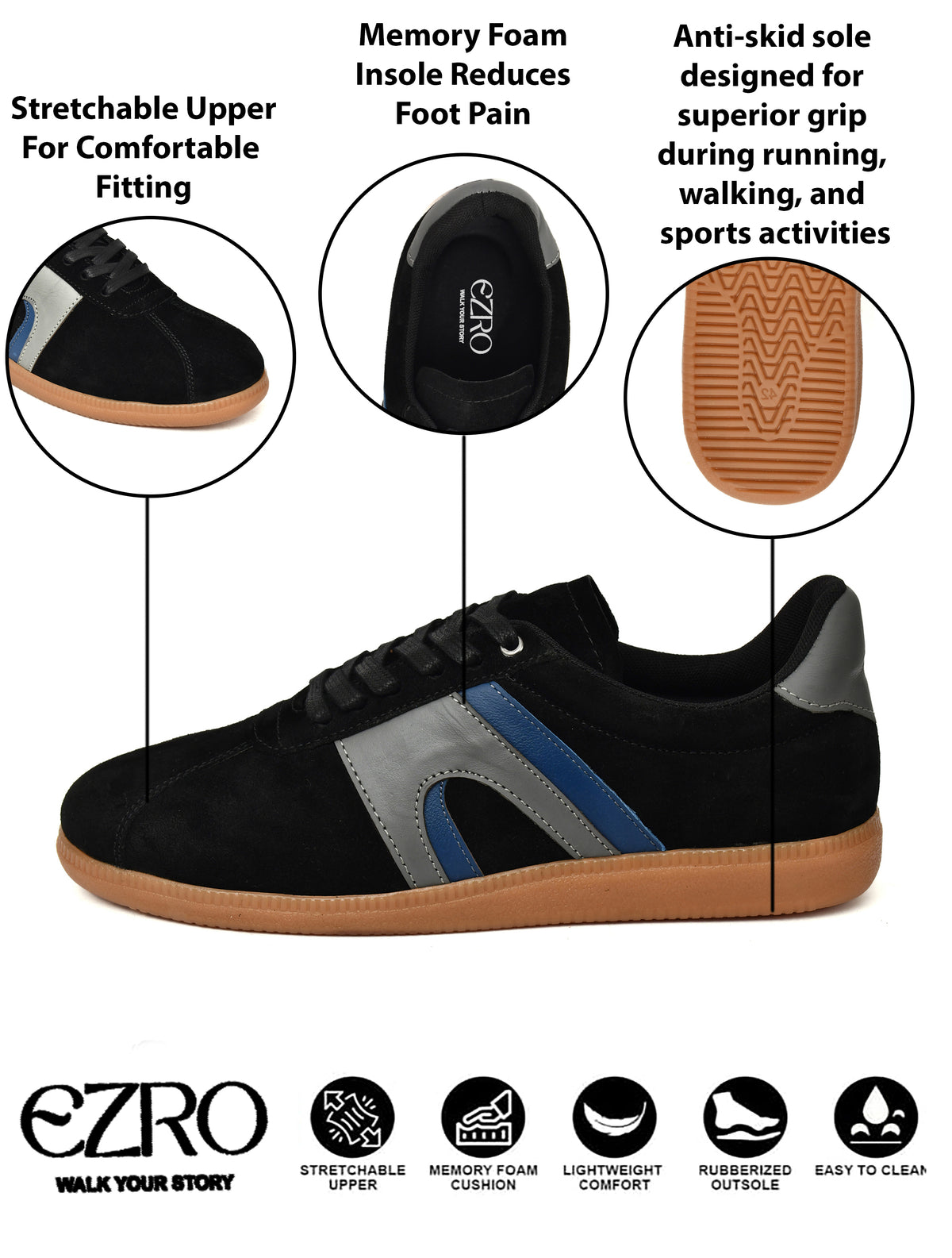 EZRO Men Casual Black Lace-Up Sneakers – Stylish Low-Top Everyday Shoes
