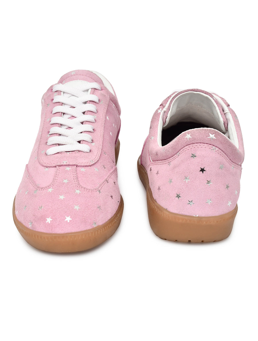 EZRO Women Silver Star Print Lace-Up Sneakers – Stylish Casual Low-Top Shoes