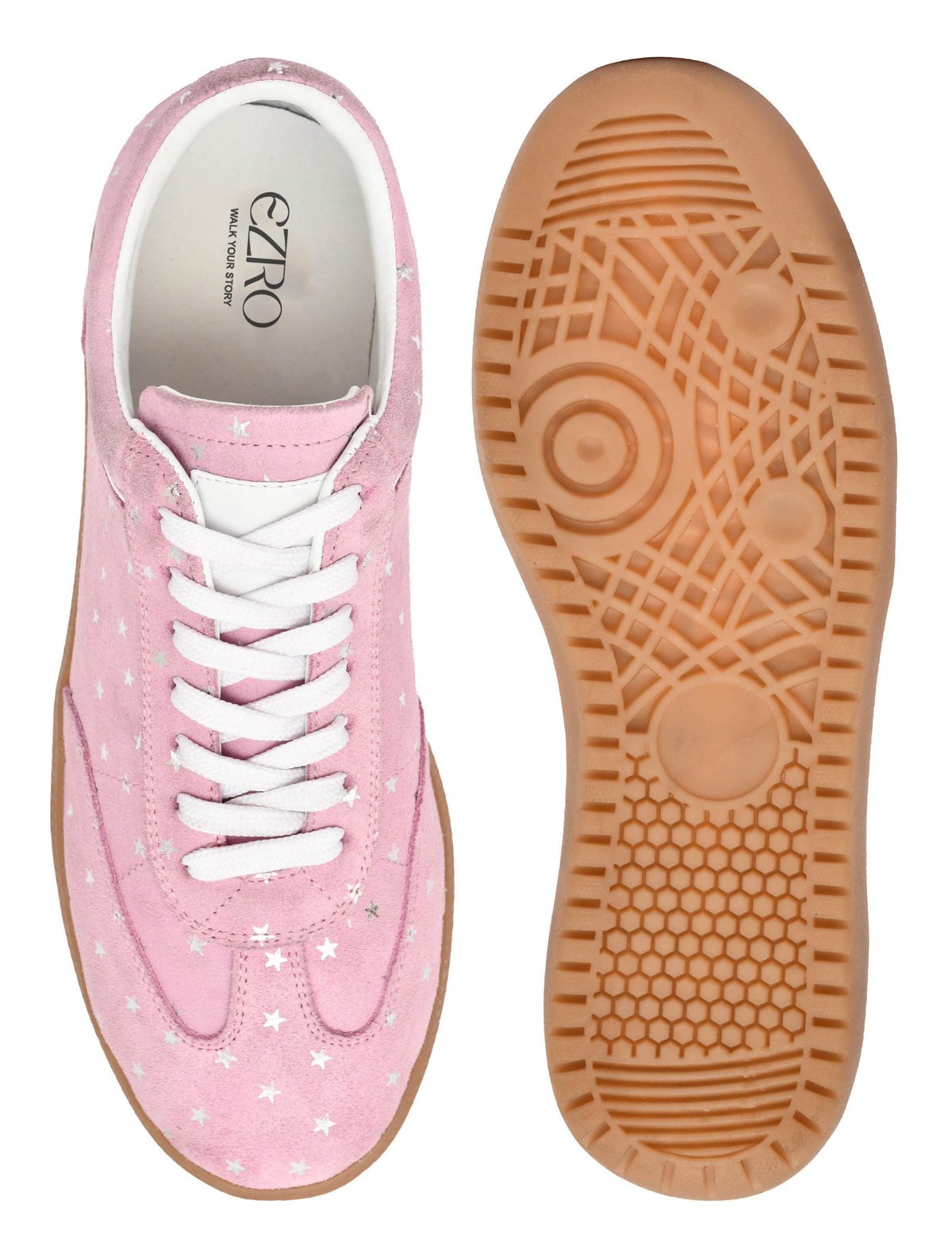 EZRO Women Silver Star Print Lace-Up Sneakers – Stylish Casual Low-Top Shoes