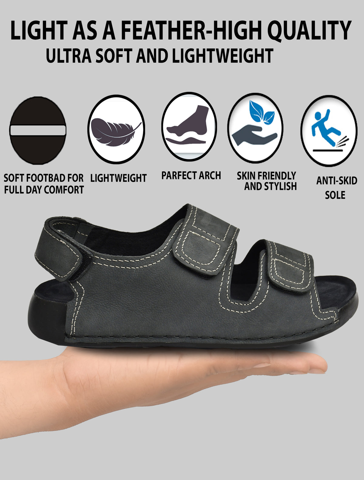 EZRO Men Grey Adjustable Comfort Sandals | Lightweight Hook & Loop Casual Outdoor Walking Sandals