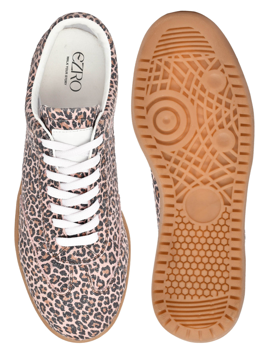 EZRO Tiger Brown Women Leopard Print Lace-Up Sneakers