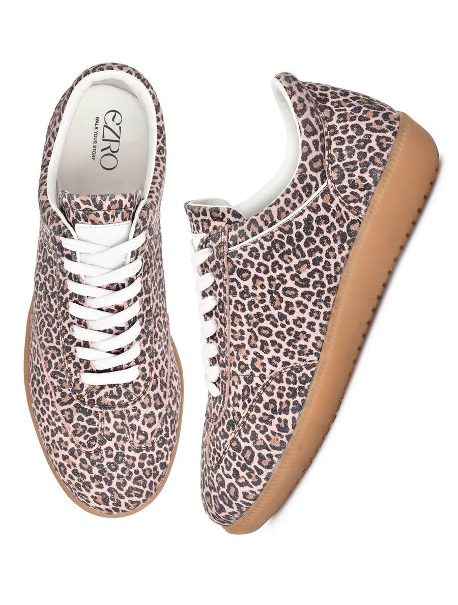 EZRO Tiger Brown Women Leopard Print Lace-Up Sneakers